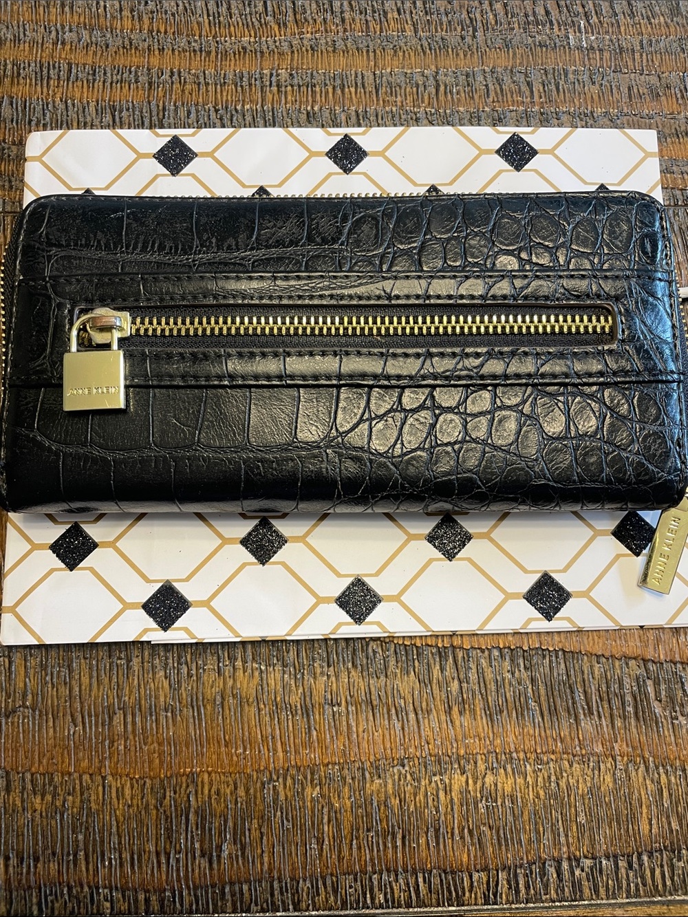 Anne Klein Black Croc-Embossed Wallet with Gold Padlock